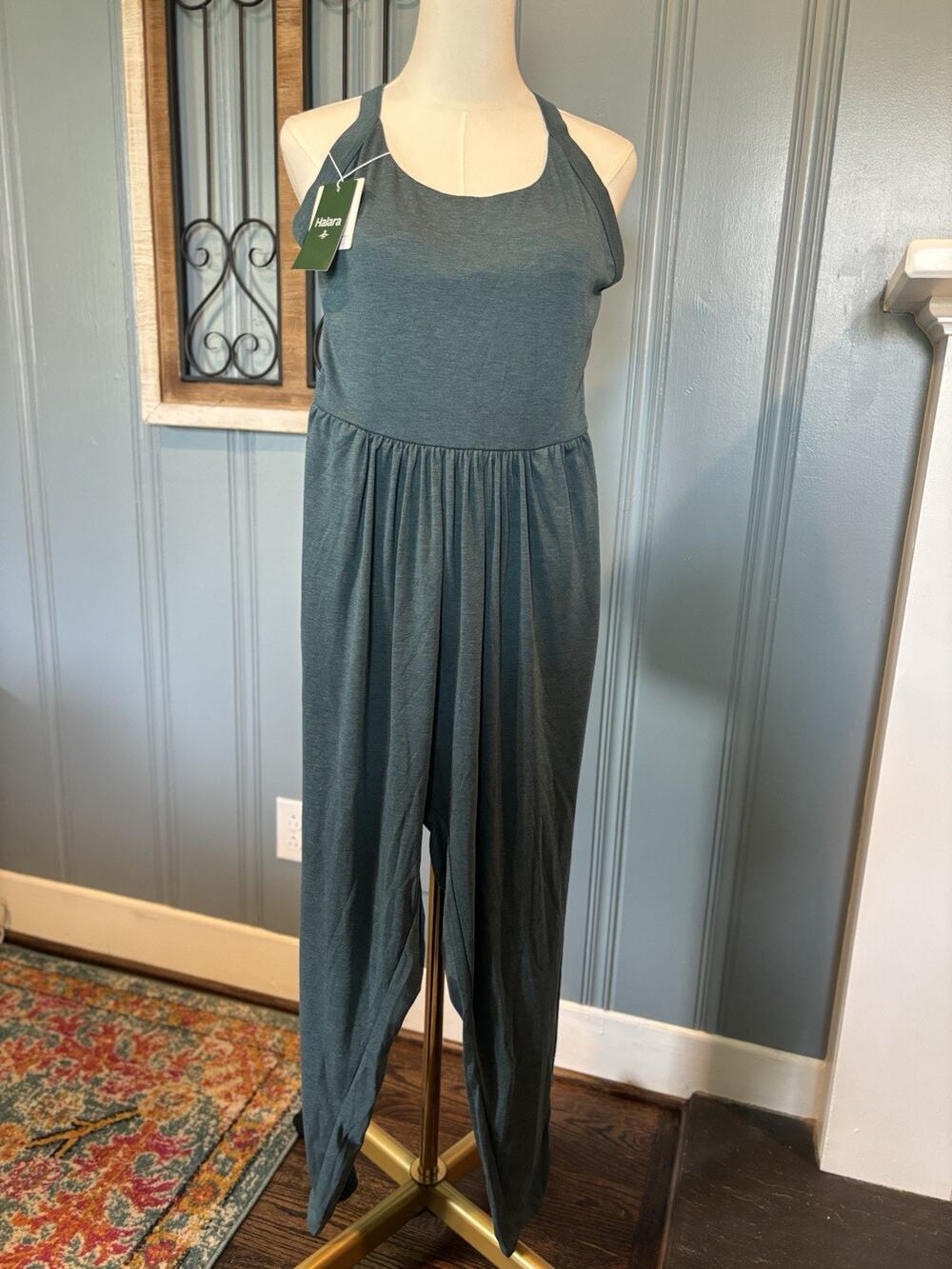 Halara Women’s Heather Green Knit Jumpsuit S Rave Comfort Open Back Stretchy